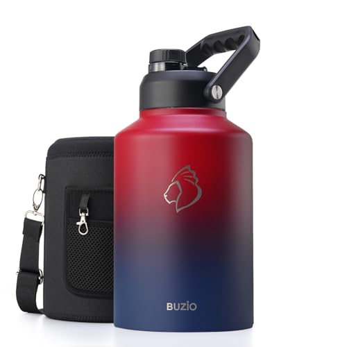 BUZIO One Gallon Water Bottle Insulated, (Cold for 48 Hrs) 128oz Water Jug Large Stainless Steel, 3.58in Big Wide Mouth Leak Proof Metal Flask with Carrying Sleeve for Camping,Gym,Travel, Black Red