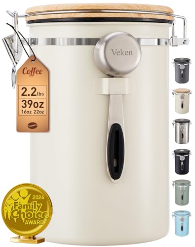 Veken Coffee Canister, 39OZ Large, Airtight Stainless Steel Food Storage Container for 2.2lbs Coffee Beans, Ground, Sugar, Tea, Flour, Cereal,Kitchen Bar Accessories with Date Tracker & Scoop, Cream