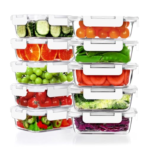VERONES 10 Pack 22 OZ Glass Meal Prep Containers, Airtight Glass Lunch Containers Set, Food Storage Containers with Lids,BPA Free, for Microwave, Oven, Freezer & Dishwasher Friendly,White