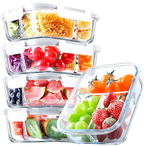 VERONES 5 Pack Glass Meal Prep Containers 3 Compartment Set, 36OZ Airtight Glass Lunch Containers, Food Storage Containers with Lids, for Microwave, Oven, Freezer & Dishwasher Friendly,White
