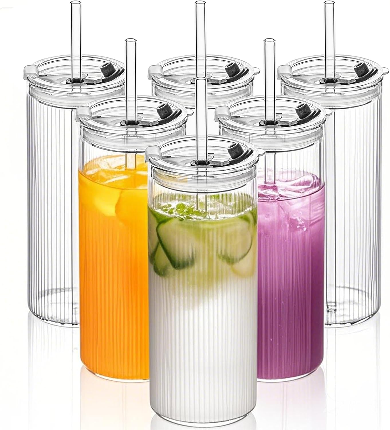 KEMORELA 6-Pack 18oz Ribbed Glass Cups with Lids & Straws  Round Textured Drinking Glasses for Iced Coffee, Bubble Tea, Juice & Smoothies  Reusable Clear Tumblers with Leakproof Lids & Straws