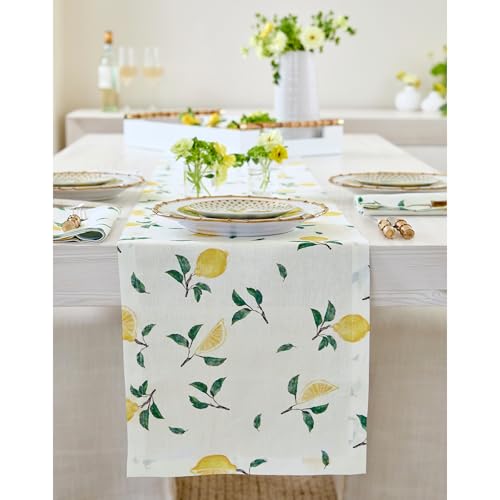 Solino Home Lemon Print Table Runner 72 Inches Long - 100% Pure Linen Table Runner 14 x 72 Inch - Machine Washable - Botanical Lemon/Off White Print