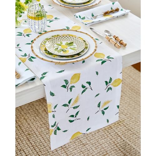 Solino Home Lemon Print Table Runner 108 Inches Long - 100% Pure Linen Table Runner 14 x 108 Inch - Machine Washable - Botanical Lemon/White Print