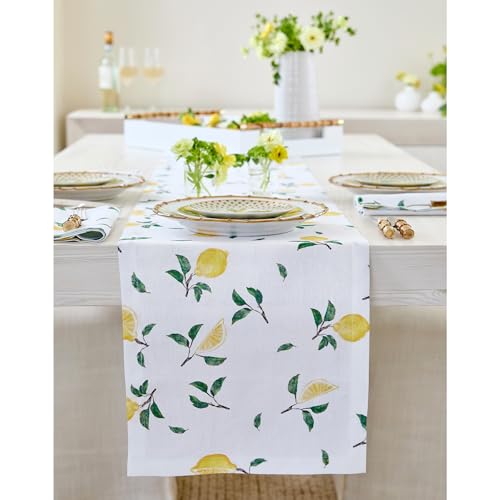 Solino Home Lemon Print Table Runner 90 Inches Long - 100% Pure Linen Table Runner 14 x 90 Inch - Machine Washable - Botanical Lemon/White Print