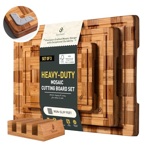 3 Pack Heavy Duty Bamboo Cutting Board Set Non Toxic Wooden Cutting Board for Kitchen Non Slip Solid End Grain Thick Wood Juice Groove Chopping Board Extra Large Big Small Best House Warming Gift