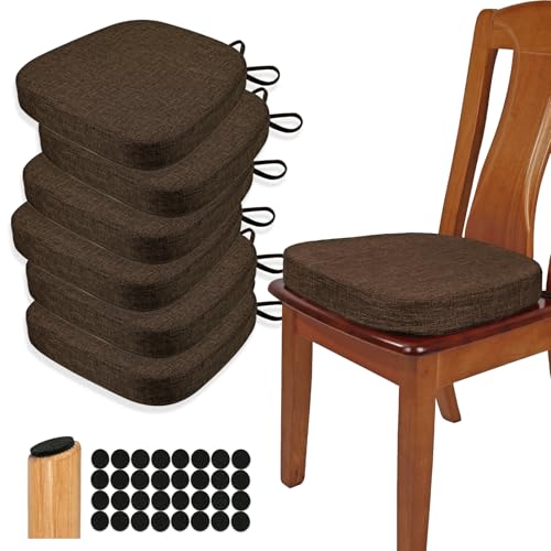 BUYUE Thickened 2.5" Dining Chair Cushions Set of 6, U-Shape High Density Foam Comfortable Chair Pads for Kitchen, Slip Resistant Indoor Seat Cushions (6 PCS, Chocolate)