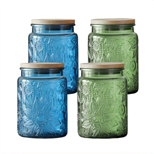 ANSQU 4-Pack Vintage Glass Jars with Airtight Lids, 23.7oz Glass Food Storage Containers for Kitchen Pantry Coffee, Tea, Candy, Cookie, Decorative Mason Jar (Blue&Green)