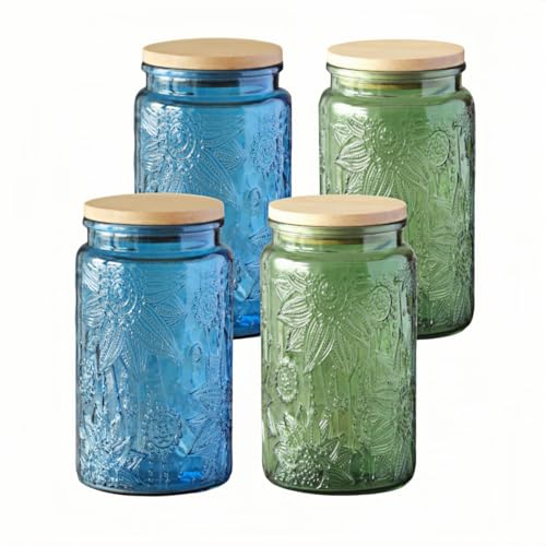 ANSQU 4-Pack Vintage Glass Jars with Airtight Lids, 34oz Glass Food Storage Containers for Kitchen Pantry Coffee, Tea, Candy, Cookie, Decorative Mason Jar (Blue&Green)