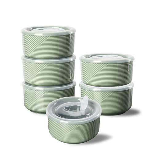 Ceramic Bowls with Lids: 20 oz Microwave Safe Food Storage Containers for Soup, Salad, Cereal, Leftovers, Meal Prep, Lunch, Picnic, Camping, Serving - Airtight, Green, Set of 6