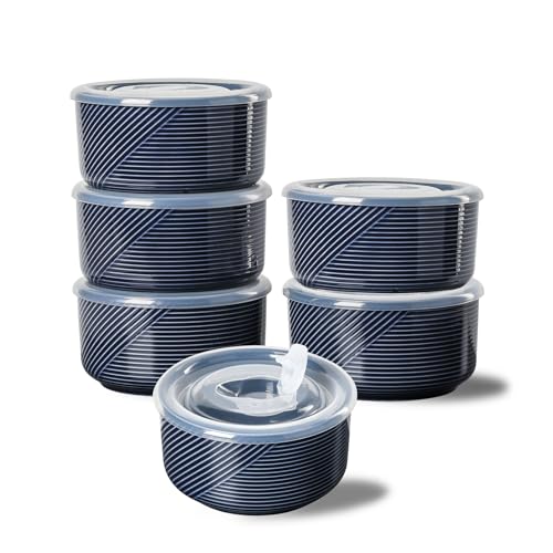 Ceramic Bowls with Lids: 20 oz Microwave Safe Food Storage Containers for Soup, Salad, Cereal, Leftovers, Meal Prep, Lunch, Picnic, Camping, Serving - Airtight, Navy, Set of 6