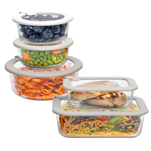 Bentgo Signature Leak-Proof Glass Food Storage - 10-Piece Set, 1-Compartment Plastic-Free Containers with Airtight Glass Lids, BPA-Free, Microwave, Freezer, Oven & Dishwasher Safe (White Stone)