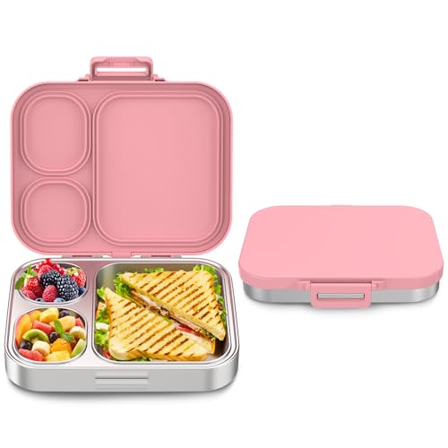 Stainless Steel Bento Box Kids, Leak Proof Metal Bento Lunch Box,3 Compartments 304 Stainless Steel Bento Lunch Containers for School and Office,Dishwasher Safe, BPA-Free(Pink)
