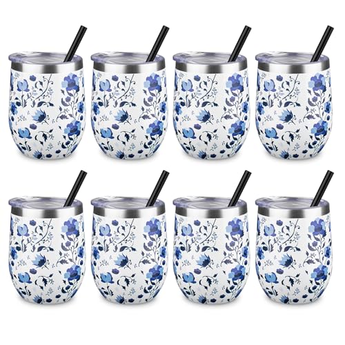 12 oz Insulated Wine Tumbler with Lid and Straw,Stainless Steel Stemless Wine Tumbler Glasses Double Wall Vacuum Wine Cups Tumbler Bulk for Coffee,Cocktail,Office (Blue and White Porcelain,8)