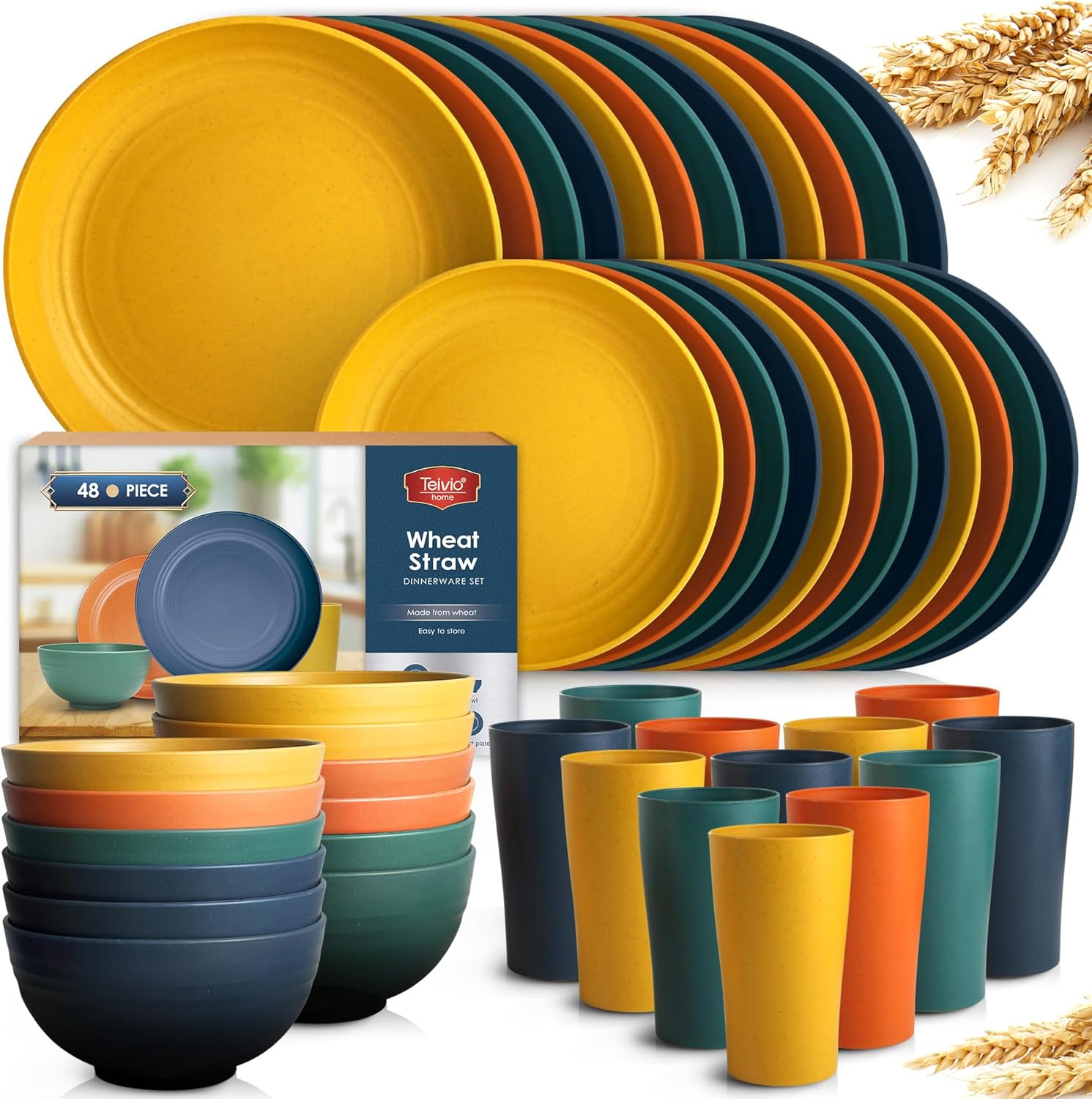 Teivio 48-Piece Kitchen Wheat Straw Dinnerware Set, Service for 12, Dinner Plates, Dessert Plate, Cereal Bowls, Cups, Unbreakable Colorful Plastic Outdoor Camping Dishes, Autumn Multicolor