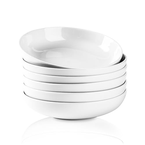 Selamica Porcelain 8.6 inch Salad Pasta Bowls, 34 OZ Bowls Plates, Wide and Shallow Serving bowls, Microwave & Dishwasher Safe, Sturdy & Stackable, Set of 6(White)