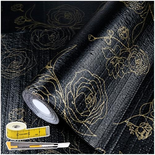 Shelf Liners for Kitchen Cabinets 17.5in x 20FT Non Adhesive Drawer Liner Black Floral Thickened Shelf Liner Paper Strong Non-Slip Easy to Clean for Tool Box Refrigerator with Knife and Tape Measure