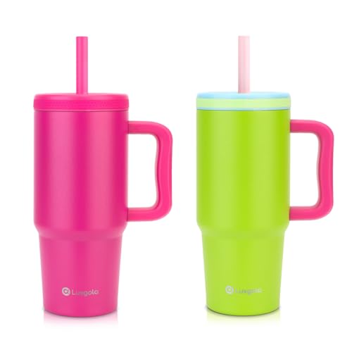 Kids 24oz Tumbler with Handle, Leak-Proof Screw-On Lid with Removable Silicone Straw, Spill Proof, Reusable Stainless Steel Insulated Bottle, Gift for Boys Girls Adults, Rose Red&Green, 2Pcs