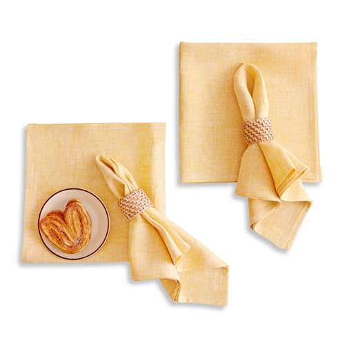 Solino Home Linen Cloth Napkins Set of 4-100% Pure Linen Chambray Mustard Yellow Dinner Napkins 20 x 20 Inch - Athena, Handcrafted and Machine Washable
