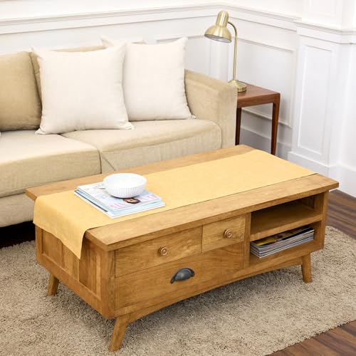 Solino Home Linen Small Table Runner 60 Inches - Athena, 100% Pure Linen Chambray Mustard Yellow Table Runner 14 x 60 Inch Ideal for Dresser and Coffee Tables