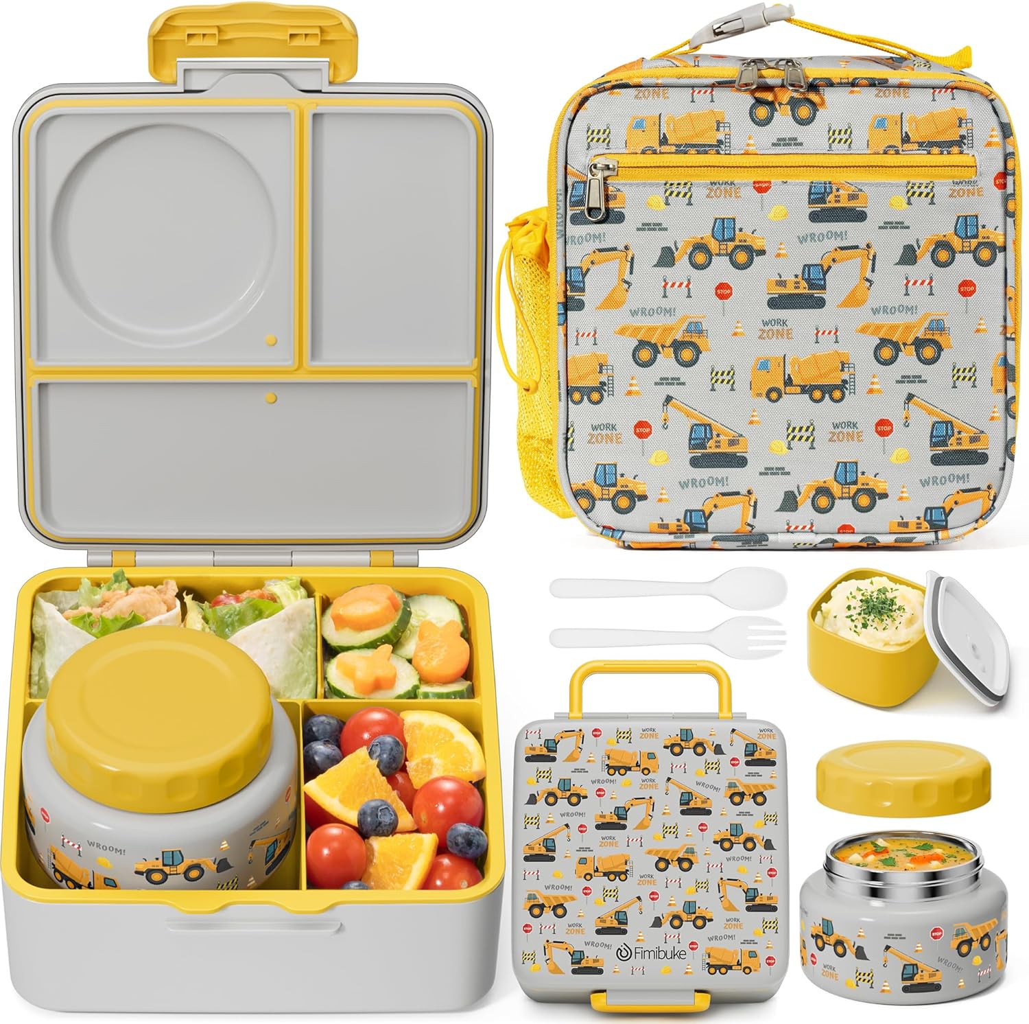 Fimibuke Bento lunch Box Set for Kids Adult with 8oz Thermos Food Jar, Insulated Lunch Bag &Sauce Cup, Leakproof Dishwasher Safe Toddler Lunch Food Container with 3-4 Compartment for School Girls Boys