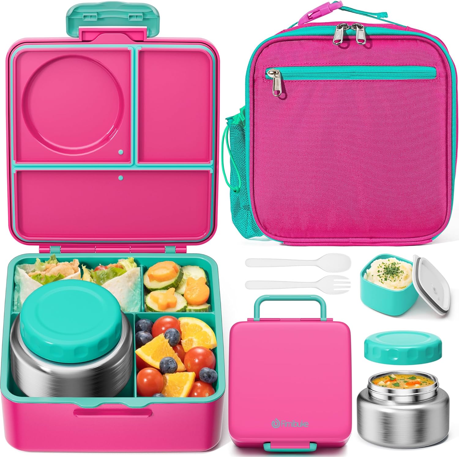 Fimibuke Bento lunch Box Set for Kids Adult with 8oz Thermos Food Jar, Insulated Lunch Bag &Sauce Cup, Leakproof Dishwasher Safe Toddler Lunch Food Container with 3-4 Compartment for School Girls Boys