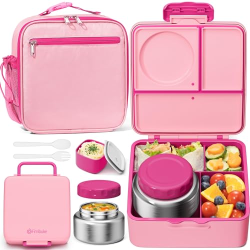 Fimibuke Kids Bento Lunch Box with Thermos, Leakproof Toddler Bento Box with 8.5 OZ Insulated Food Jar, Lunch Bag & Utensils BPA Free Dishwasher Safe 3 or 4 Compartment Container for School Girls Boys