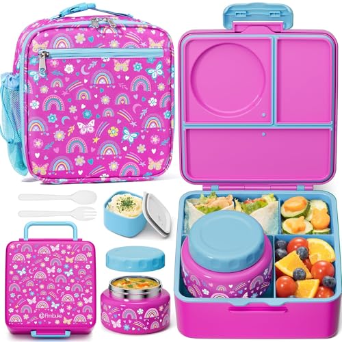 Fimibuke Kids Bento Lunch Box with Thermos, Leakproof Toddler Bento Box with 8.5 OZ Insulated Food Jar, Lunch Bag & Utensils BPA Free Dishwasher Safe 3 or 4 Compartment Container for School Girls Boys