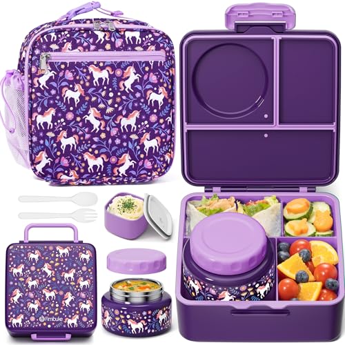 Fimibuke Kids Bento Lunch Box with Thermos, Leakproof Toddler Bento Box with 8.5 OZ Insulated Food Jar, Lunch Bag & Utensils BPA Free Dishwasher Safe 3 or 4 Compartment Container for School Girls Boys