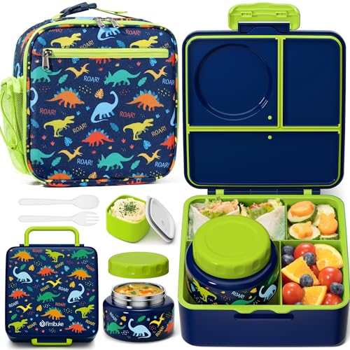 Fimibuke Kids Bento Lunch Box with Thermos, Leakproof Toddler Bento Box with 8.5 OZ Insulated Food Jar, Lunch Bag & Utensils BPA Free Dishwasher Safe 3 or 4 Compartment Container for School Girls Boys