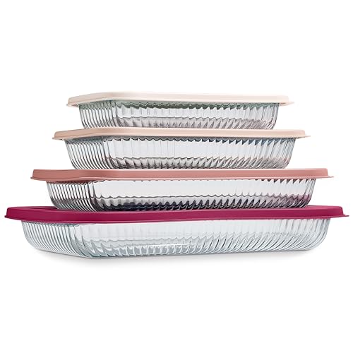 COOK WITH COLOR 8-Piece Deep Glass Baking Dish Set with Plastic Lids  Casserole and Food Storage Containers for Lasagna, Leftovers  Freezer-to-Oven, Microwave & Dishwasher Safe, Fluted Rose