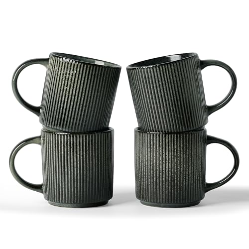 famiware Coffee Mug Set for 4, Star 12 oz Catering Mugs Cup Set with Handle for Coffee, Tea, Cocoa, Milk - Ceramic Stoneware Drinkware Set, Deep Forest