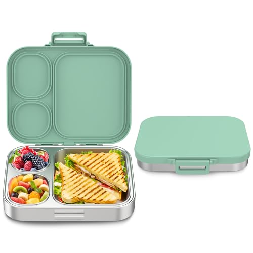 Stainless Steel Bento Box Kids, Leak Proof Metal Bento Lunch Box,3 Compartments 304 Stainless Steel Bento Lunch Containers for School and Office,Dishwasher Safe, BPA-Free(Green)