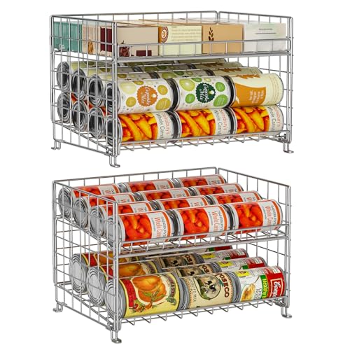 JKsmart 2-Pack Stackable Can Rack Organizer, Can Storage for Kitchen Pantry Cabinet, Can Holders for Food, Multifunctional Can Dispenser for Snacks Soda, Silver