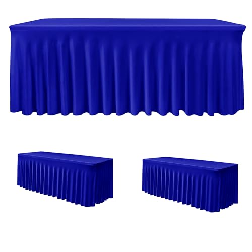 HolidayIdeas Royal Blue Spandex Table Skirts for Rectangle Tables 6ft, Fitted Stretch Table Cover 30x72 Inch, Wrinkle-Free Ruffle Design Tablecloths for Banquets,Trade Shows, Parties, Events, 2 Pack