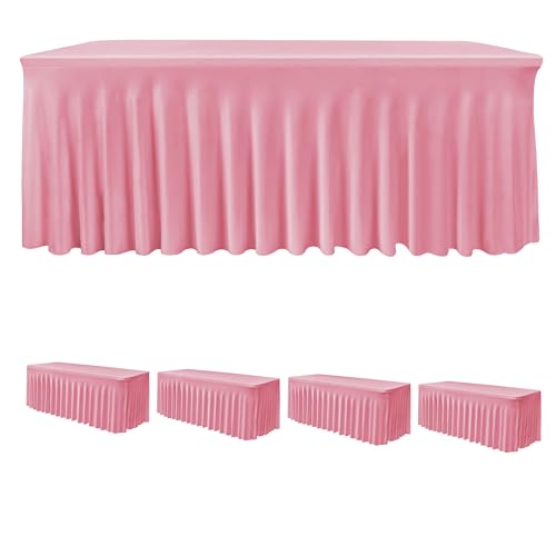 HolidayIdeas Spandex Table Skirts for Rectangle Tables 4 Ft, Fitted Stretch Table Cover 24x48 Inch, Wrinkle-Free Ruffle Design Tablecloths for Banquets,Trade Shows, Parties, Events, 4 Pack, Pink
