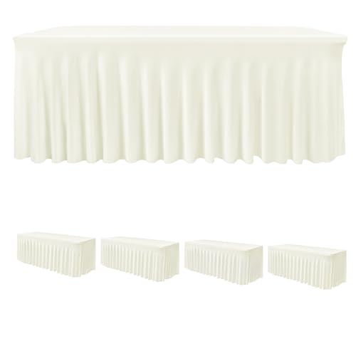 HolidayIdeas Spandex Table Skirts for Rectangle Tables 6 Ft, Fitted Stretch Table Cover 30x72 Inch, Wrinkle-Free Ruffle Design Tablecloths for Banquets,Trade Shows, Parties, Events, 4 Pack, Beige