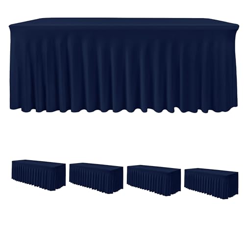 HolidayIdeas Spandex Table Skirts for Rectangle Tables 4 Ft, Fitted Stretch Table Cover 24x48 Inch, Wrinkle-Free Ruffle Design Tablecloths for Banquets,Trade Shows, Parties, Events, 4 Pack, Navy