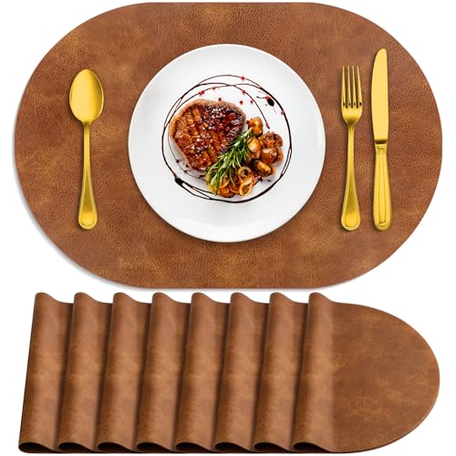 ADRIMER Placemats, Heat Resistant Oval Placemats Set of 8 Washable 12 x 17 Inch, Waterproof Table Mats, Wipeable Pu Place Mats for Kitchen, Dining Room, Turmeric Brown