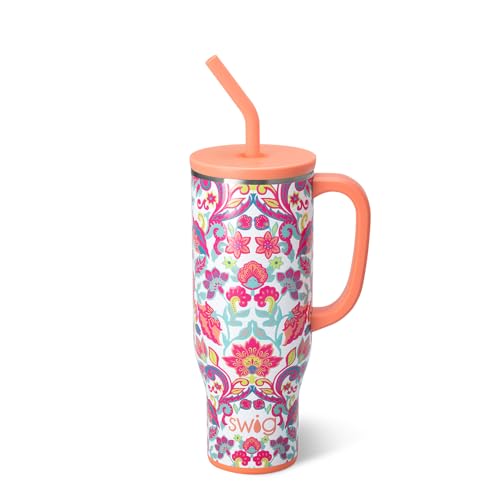 Swiglife 30oz Mega Mug, 30oz Tumbler with Handle and Straw, Large Insulated Tumblers, Cup Holder Friendly Travel Mug, Stainless Steel 30 oz Tumbler, Reusable Insulated Water Bottle (Flourish)