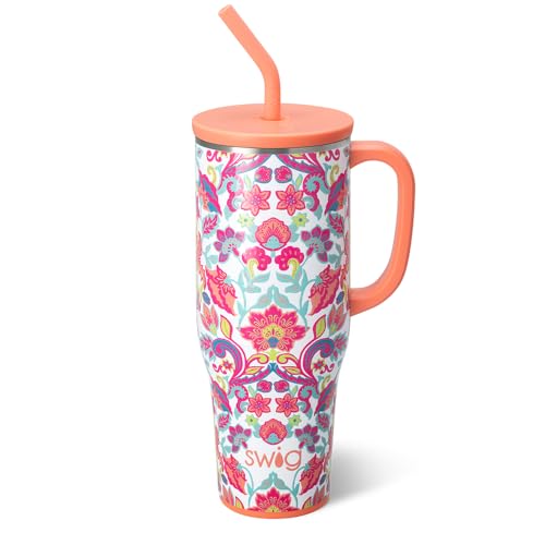 Swig Life 40oz Mega Mug, 40oz Tumbler with Handle and Straw, Extra Large Insulated Tumblers, Cup Holder Friendly Travel Mug (Flourish)