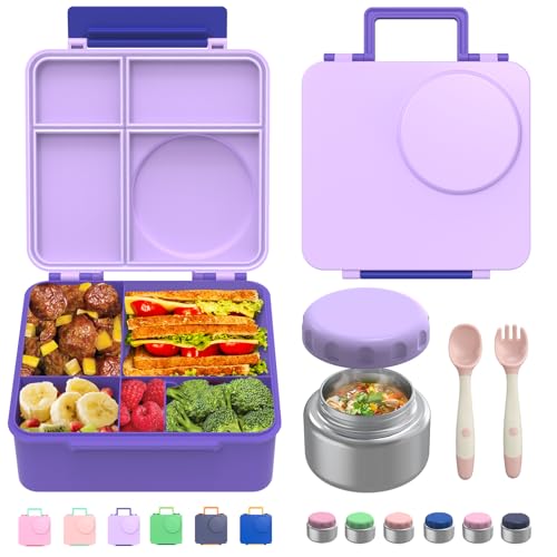 Bento Box for Kids - Leak-Proof Lunch Box with Insulated Thermos Food Jar - 4 Compartments, 1 Removable Divider, 1Spoon, 1 Fork - Dishwasher Safe, BPA-Free (Light purple)