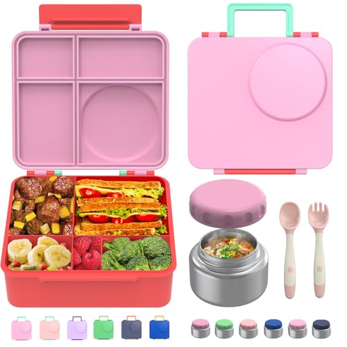 Bento Box for Kids - Leak-Proof Lunch Box with Insulated Thermos Food Jar - 4 Compartments, 1 Removable Divider, 1Spoon, 1 Fork - Dishwasher Safe, BPA-Free (Pink)
