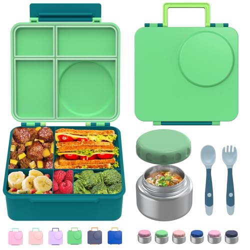 Bento Box for Kids - Leak-Proof Lunch Box with Insulated Thermos Food Jar - 4 Compartments, 1 Removable Divider, 1Spoon, 1 Fork - Dishwasher Safe, BPA-Free (Green)
