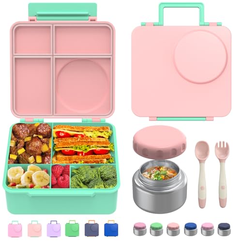 Bento Box for Kids - Leak-Proof Lunch Box with Insulated Thermos Food Jar - 4 Compartments, 1 Removable Divider, 1Spoon, 1 Fork - Dishwasher Safe, BPA-Free (Light pink)