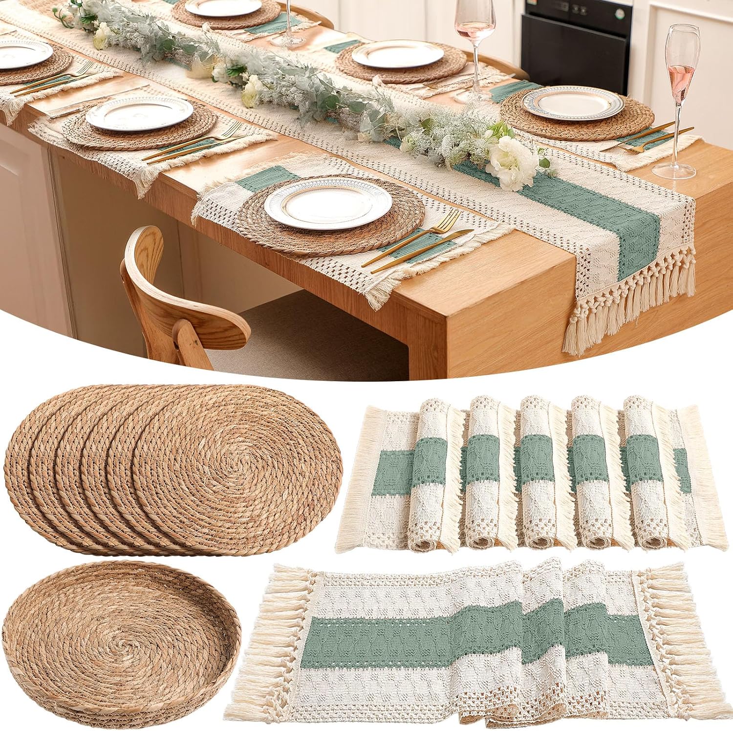 Boho Placemats 4/6 Set of Round Woven Placemats Macrame Style Bicolor Stitching Long Table Runner Farmhouse Rustic Natural Burlap Cotton for Kitchen Dining Table Home(Green,6 Sets)
