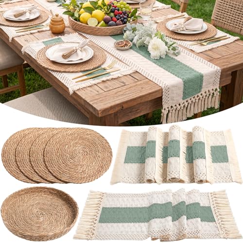 Boho Placemats 4/6 Set of Round Woven Placemats Macrame Style Bicolor Stitching Long Table Runner Farmhouse Rustic Natural Burlap Cotton for Kitchen Dining Table Home(Green,4 Sets)
