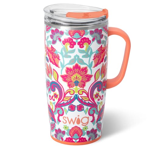 Swig Life 22oz Travel Mug, Insulated Tumbler with Handle and Lid, Travel Coffee Mug, Cup Holder Friendly, Stainless Steel 22 oz Tumbler, Reusable Insulated with Lid (Flourish)