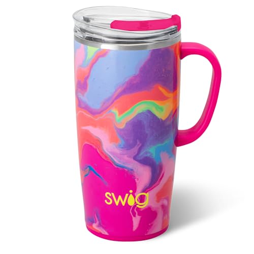 Swig Life 22oz Travel Mug, Insulated Tumbler with Handle and Lid, Travel Coffee Mug, Cup Holder Friendly, Stainless Steel 22 oz Tumbler, Reusable Insulated with Lid (Candy Crush)