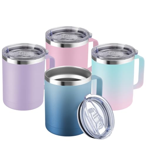 MEWAY 12oz Coffee Mug With Handle 2 Pack Bulk,Stainless Steel Insulated Travel Tumblers With Sliding Lid,Double Wall Vacuum Camping Cup for Hot & Cold Drinks Tea (Bubble Gum&Blue Waves,Set of 4)