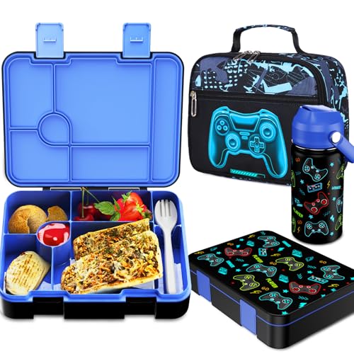 Bevalsa Kids Bento Lunch Box with 6 Compartment, Stainless Steel Metal Water Bottle, Insulated Bag & Utensils, BPA-Free Leakproof Food Container for School Boys Girls, Back To School Gift